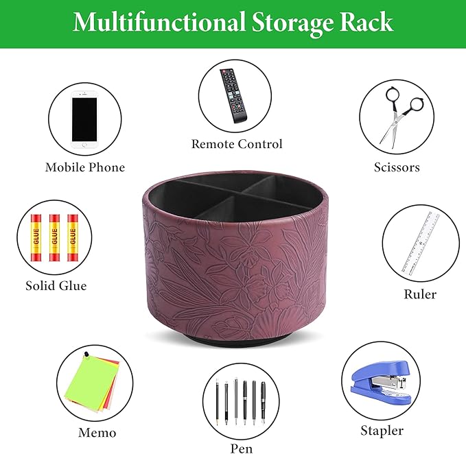 Hennaja Round Leather Art Supply Organizer,Remote Control Holder,360 Degree Spinning,Multi-Functional Pencil Holder,4 Compartments Desktop Stationary Organizer(1-Carved Dark Brown)-NeatNest