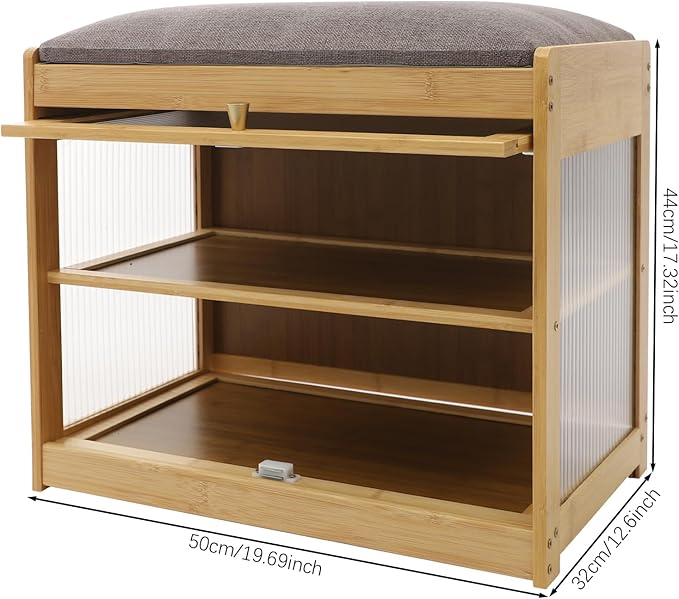 Eapmic Shoe Storage Bench, Entryway Shoe Rack Bench with Padded Seat Cushion, 2-Tier Shoe Cabinet, Bamboo Shoe Organizer for Hallway Bedroom Living Room Front Door (Burlywood, 19.69 * 12.6 * 17.32in)