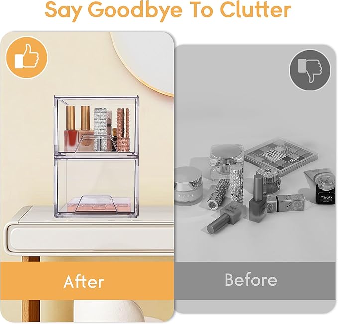 2 Pack Stackable Makeup Organizer, 4.4'' Tall Acrylic Bathroom Organizer and Storage Drawers, Clear Plastic Drawer Storage Bins For Vanity, Undersink, Cabinets, Pantry-NeatNest