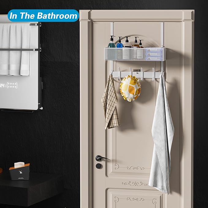 Over The Door Hooks Organizer, Over The Door Towel Rack with Mesh Basket, 10 Coat Hooks and 2 Wreath Hangers, Bathroom Door Organizer Back of Door Hanger for Bedroom, Kitchen(White)