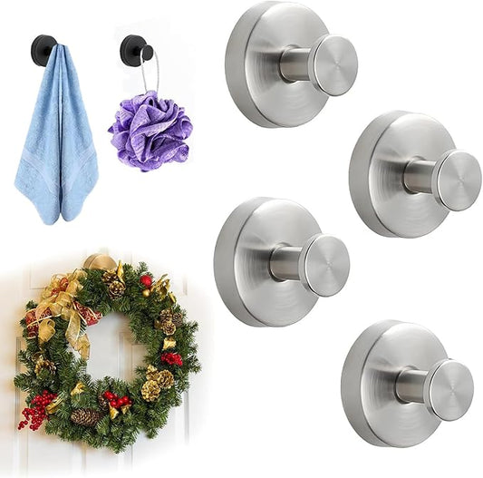 Suction Cup Hooks for Wreaths on Glass, 2026 NEW No Drill Suction Cup Hooks for Shower Towels, Strong Suction Cup Wreath Hanger Holder for Front Door Glass Window Mirror Bathroom Wall (4, Sliver)