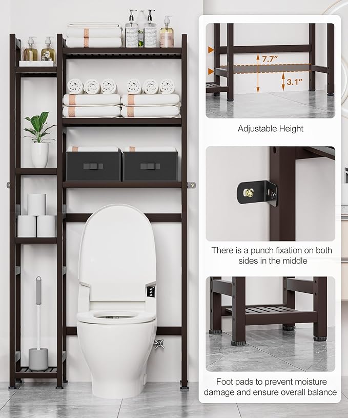 Homde Over The Toilet Storage with Basket and Drawer, Bamboo Bathroom Organizer with Adjustable Shelf & Waterproof Feet Pad, Space Saver Rack for Restroom, Laundry, Brown-NeatNest