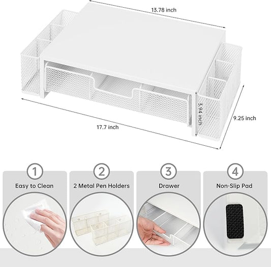 Computer Monitor Stand Riser with Drawer and Pen Holders, Desk Organizer Shelf and Accessories, Office Desk Accessories, Office Organization, White-NeatNest