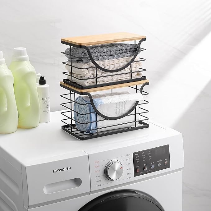 Extra Large Trash Bag Holder Under Sink 2 Pack Stackable Kitchen Storage with Bamboo Lid, Garbage Bag Dispenser Roll Holder, Pantry Organizers Wall Mounted Laundry Room Organization Storage-NeatNest