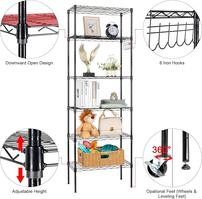 6 Tier Adjustable Storage Shelf Metal Storage Rack Wire Shelving Unit Storage Shelves Metal for Pantry Closet Kitchen Laundry