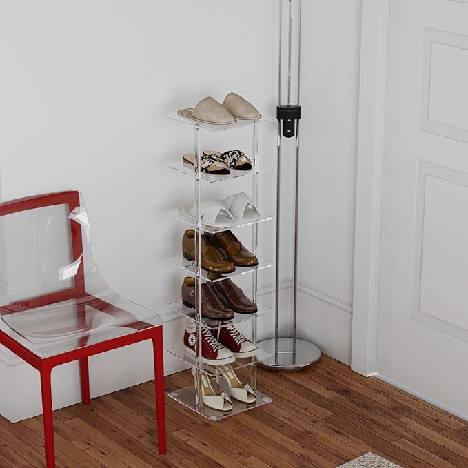 Aquiver Acrylic Vertical Shoe Rack - Free Standing Shoe Rack 7 Tier Shoe Storage Organizer Narrow Shoe Rack for Small Spaces, Entryways, Living Rooms, Bedrooms, 11'' L x 11'' W x 41.7'' H-NeatNest