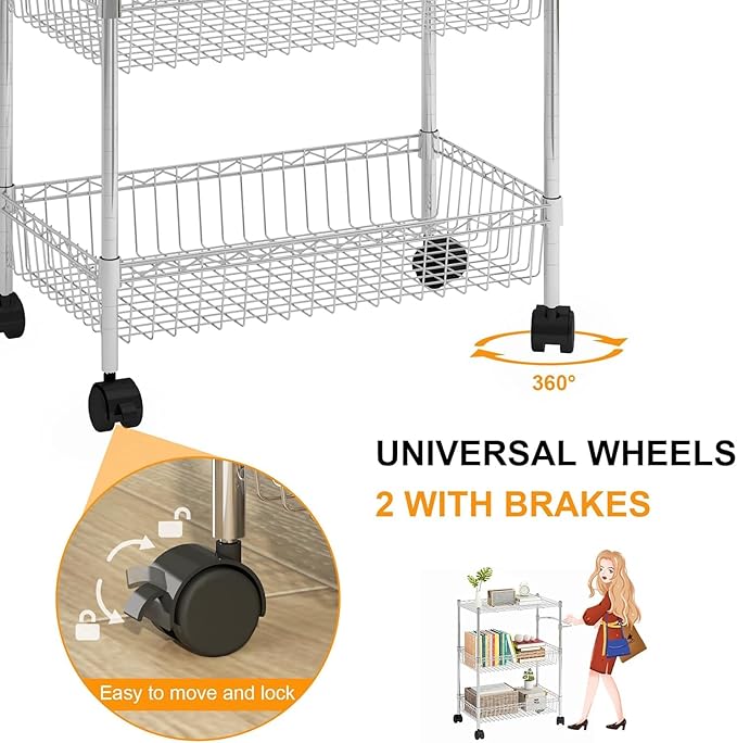 3 Tier Rolling Storage Cart with Adjustable Wire Shelving, 360-Degree Rotating Wheels with Brakes, Sturdy Carbon Steel Build, Versatile for Kitchen, Bathroom, and Office