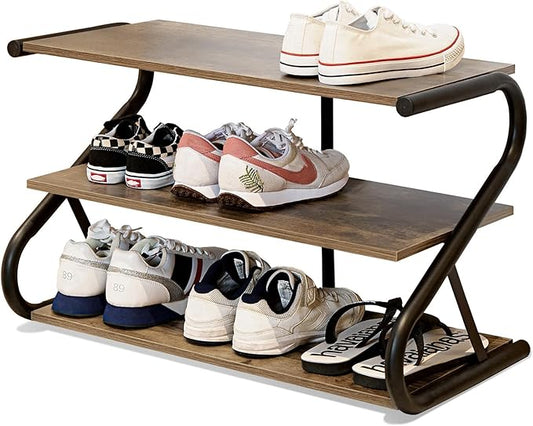 Shoe Rack, Z-Frame Wooden 3-Tier Shelf with Durable Metal Shelves, Shoe Organizer for High Heels, Hallway, Living Room, Closet, Bedroom (Light Rustic)-NeatNest