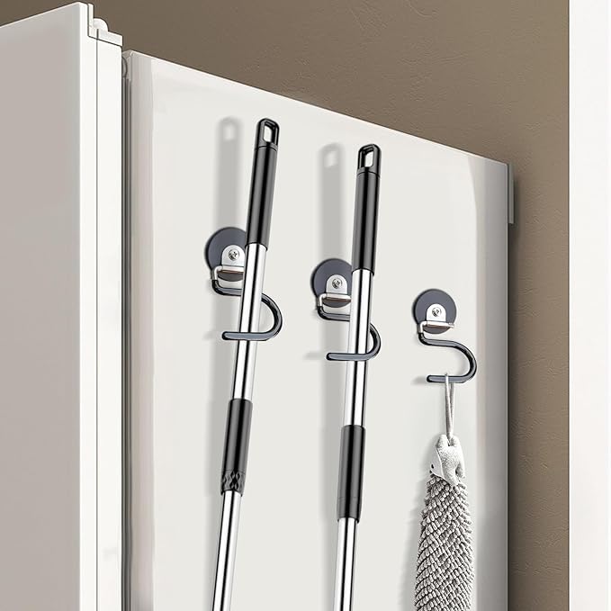 Magnetic Broom Hooks Broom Holder Do Not Require Drilling Warehouse Kitchen Refrigerator Metal Surface Suitable Broom Holder Wall Mount (Black, Single)