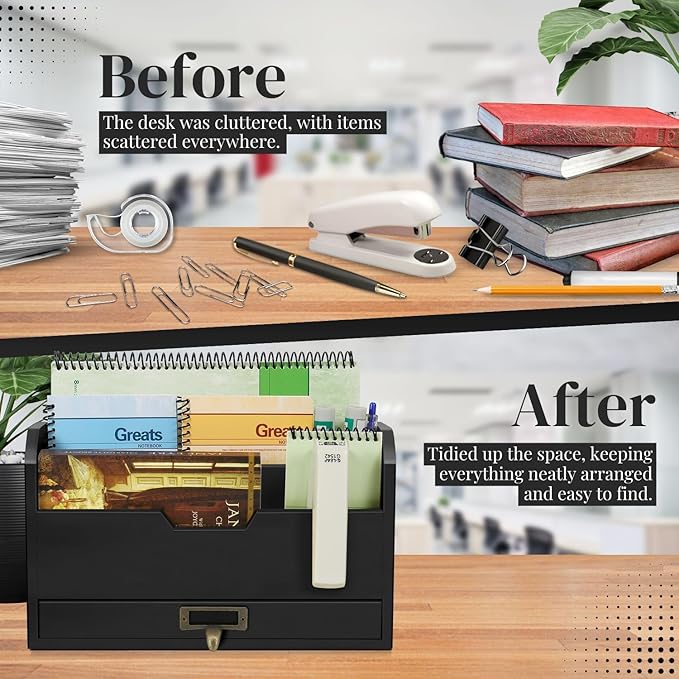 Flexzion 3 Tier Wooden Desk Organizer - Country Rustic Mail Organizer Countertop Compartments Slot File Tray Pencil Sorter Shelf Holder Accessories Set with Storage Drawer for Home Office, Light Brown-NeatNest