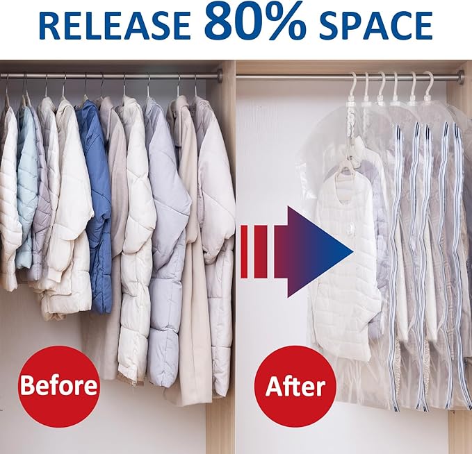 Hanging Vacuum Storage Bags, 6 Pack Hanging Storage Bags for Clothes With Electric Pump, Vacuum Sealed for Suits, Dress, Jackets (6 Short)-NeatNest