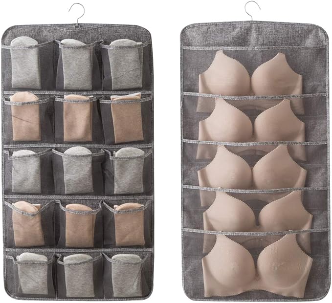 Enlarged Closet Hanging Bra Organizer with Rotating Metal Hanger, Dual Sided Wall Shelf Wardrobe Mesh Pockets Hanging Storage Bag for Bra Socks Underwear Underpants-NeatNest