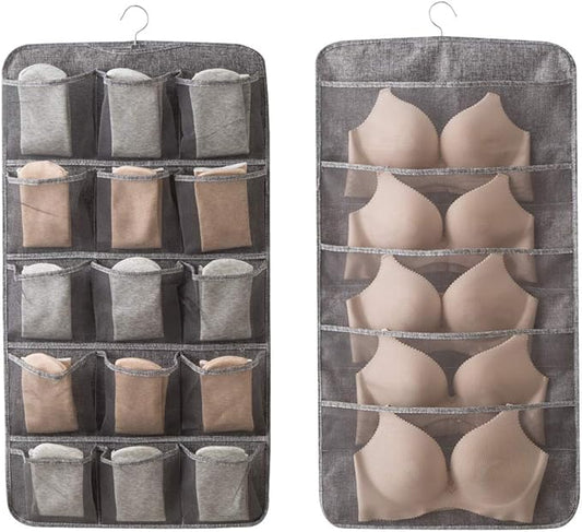 Enlarged Closet Hanging Bra Organizer with Rotating Metal Hanger, Dual Sided Wall Shelf Wardrobe Mesh Pockets Hanging Storage Bag for Bra Socks Underwear Underpants-NeatNest