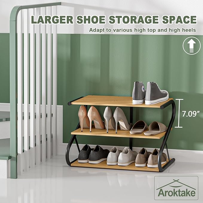 Bamboo Shoe Rack, Z-Frame Wooden 3-Tier Shelf with Durable Metal Shelves, Shoe Organizer for High Heels, Hallway, Living Room, Closet, Bedroom (Natural)-NeatNest