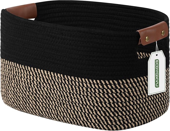 Cotton Rope Basket , Storage Baskets with Handle, 15x10x9 Inch Woven Basket for Shelves, Laundry, Towels, Clothes, Books, Toys (Black Brown 1 Pack)-NeatNest