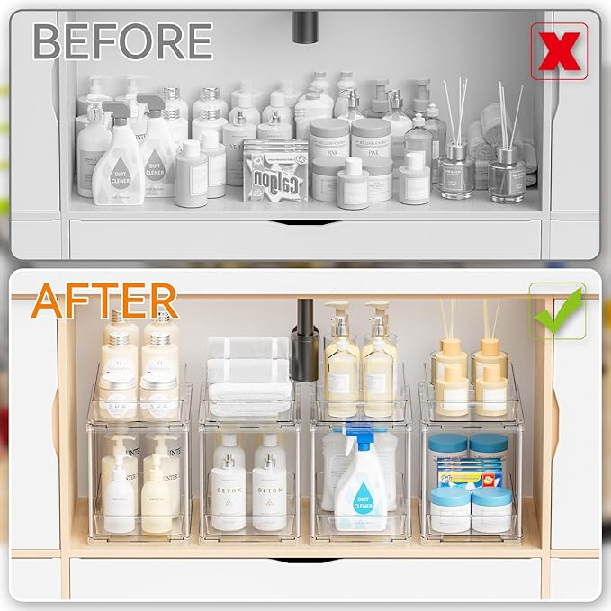 Yieach 4 Pack Under Sink Organizers and Storage,Clear Acrylic Bathroom Organizer and Cabinet Organization for Makeup,Medicine,Two Tier Pull Out Cabinet Organizer Drawers for Pantry,Vanity Storage Bins-NeatNest