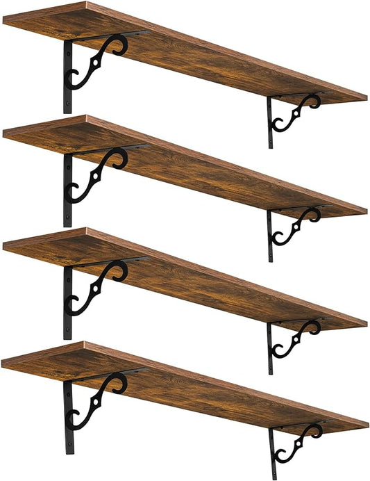 DINZI LVJ Long Wall Shelves, 47.3 Inch Large Floating Shelves Set of 4, Wide Display Shelf Wall Mounted with Brackets, Easy Hanging for Living Room, Toilet, Office, Bedroom, Rustic Brown-NeatNest