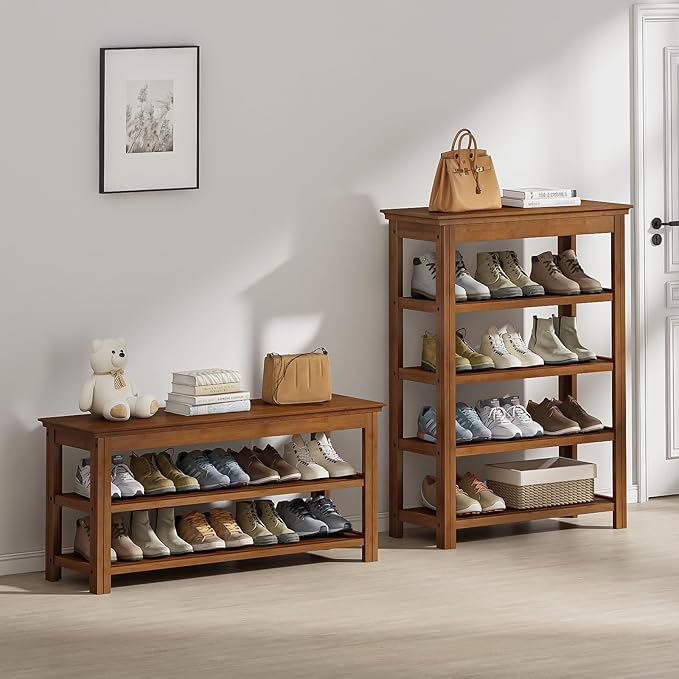 Bamworld Shoe Rack 5 Tier Wooden Storage Benches Wood Free Standing Shoe Shelf for Entryway Hallway (Brown,31.5")-NeatNest