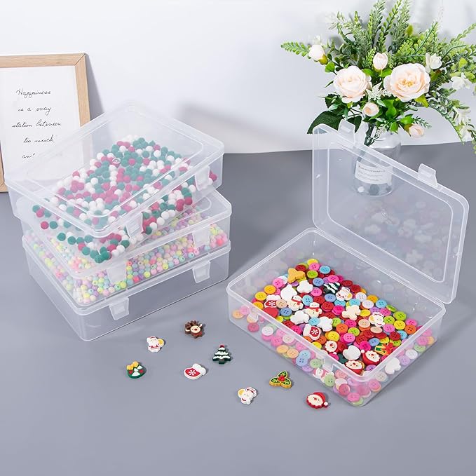 Clear Container with Lid, 4 Packs Rectangular Plastic Storage Box with Lid 8.74''×6.73”×1.6'' Clear Containers for Storage, Beads, Crafts Accessories-NeatNest