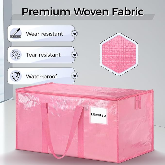 8 Pack Extra Large Heavy Duty Moving Bags, Pink Storage Bins with Lids, Reinforced Handles & Heavy-Duty Zippers Moving Boxes Storage Bags Totes for Clothes Packing, Dorms, College Supplies, Pink