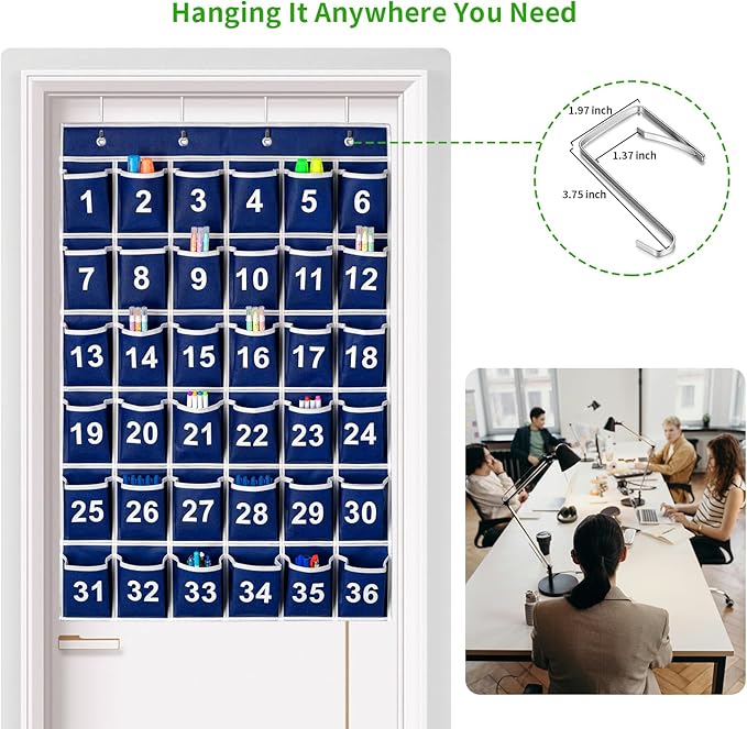 36 Pockets Blue Numbered Classroom Pocket Chart for Cell Phones, Hanging Pocket Chart Storage for Classroom Phone Calculator Holder with 4 Stainless Steel Hooks (Blue-36pockets)-NeatNest