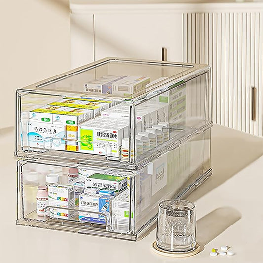 2 Pack - Clear Pulling Medicine Drawer First Aid Kit Box for Bathroom, Cabinet, Closet,Medicine Organizer, Medicine Storage Box Adhesive Bandages Family Emergency Kit (L drawer)-NeatNest
