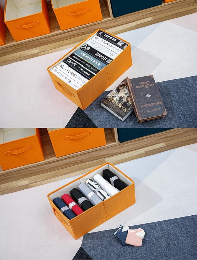 ALYER Collapsible Fabric Storage Organizer with Handles,Shelf Bins Box Container for Bedroom Office Closet Babies Nursery Toys Books Clothes (Orange,16.2" x 9.5" x 6.7")