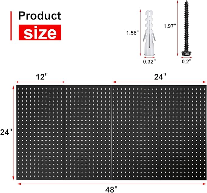 4Pcs Metal Pegboard Panels for Wall，Peg Boards for Garage Tools Pegboard Storage Organizer for Workbench, Shop，Bathroom，Office and Gaming Setup With Customizable Hanging Solutions (Black, 24" x 12")