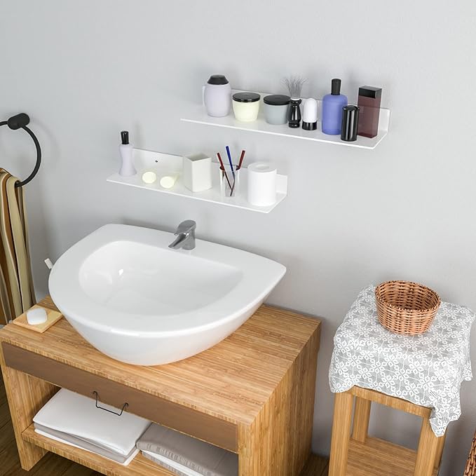 24 Inches Acrylic Wall Shelves 2 Pack, Floating Shelf for Wall Mounting, Acrylic Display Ledges for Funko Pop Figures, Home Décor, Living Room, Gaming Room, Plants(24 inch, White)-NeatNest