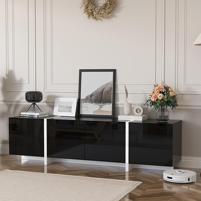 67" Wide High Gloss Modern TV Stand for 60/65/70/75 inch TV, Stylish Entertainment Center with Storage, Media Console for Living Room in Black-NeatNest