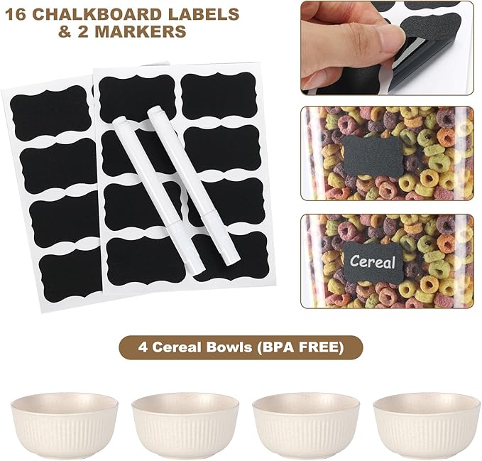 Cereal Dispenser Countertop with Cereal Bowls,16 Labels & Pen, Cereal Containers Storage, Candy Dispenser, Dry Food Dispenser For Pantry - Not Easy to Crush Food (White, 2 Pack)-NeatNest