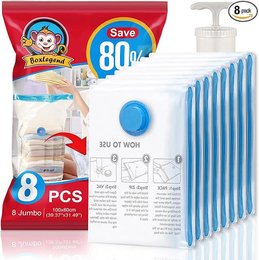 BoxLegend Vacuum Storage Bags with Large Size Hand Pump 8 Jumbo 31.5’’x39.37’' Thickened Vacuum Seal Bags for Clothing Space Saving Vacuum Pack Storage Bags for Pillow Comforters Bedding-NeatNest