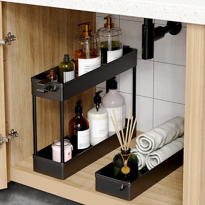 SPACEKEEPER Slim Rolling Storage Cart, 3 Tier Bathroom Storage Organizer Laundry Room Utility Cart Mobile Shelving Unit, Multi-Purpose for Kitchen Office Bathroom Laundry Narrow Places, Black-NeatNest