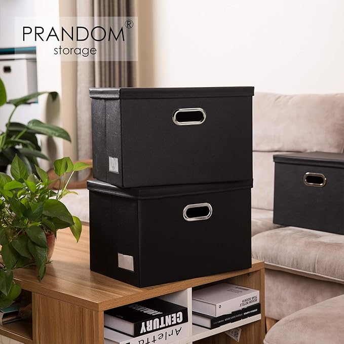 PRANDOM Large Foldable Storage Bins with Lids [3-Pack] Leather Fabric Collapsible Storage Boxes Organizer Containers Baskets Cube with Cover for Home Bedroom Closet Office Black(17.7x11.8x11.8)-NeatNest