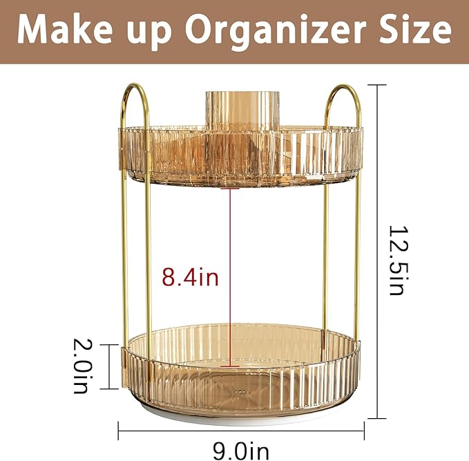 Rotating Makeup Organizer for Vanity, High-Capacity Skincare Clear Make Up Storage Perfume Organizers Cosmetic Dresser Organizer Countertop 360 Spinning (Gold, New-2 Tier)-NeatNest