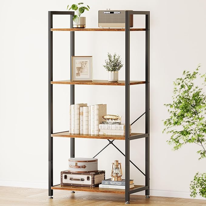 Casaottima Book Shelf, 4 Tier Bookshelf, Modern Wood Bookcase Shelves for Bedroom, Industrial Display Shelf for Living Room Home Office Kitchen, Standing Shelving Unit Storage Organizer, Vintage-NeatNest