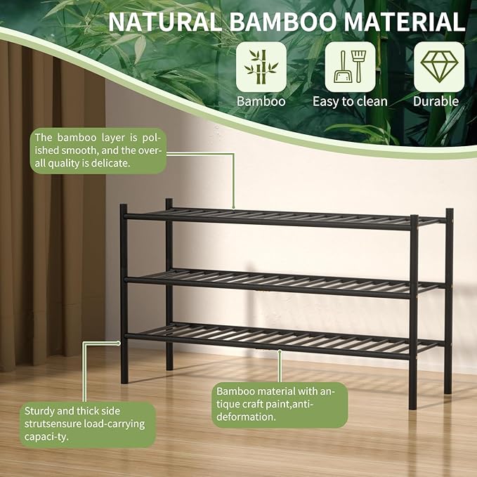 3-Tier Bamboo Long Shoe Rack, Free Standing Wood Shoe Shelf Storage Organizer for Closet Entryway Stackable 35"x11"x20" (Black)-NeatNest