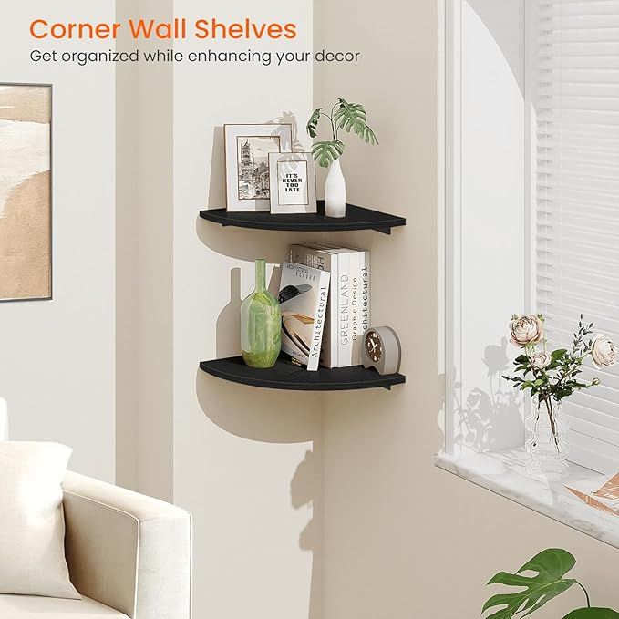 Homode Corner Floating Shelves, 12" Deep Corner Shelves Wall Mounted with Cord Hole, 2 Tier Curved Corner Hanging Shelving for Wall Storage, for Cable Box, TV Cords, Books, Plants, Black