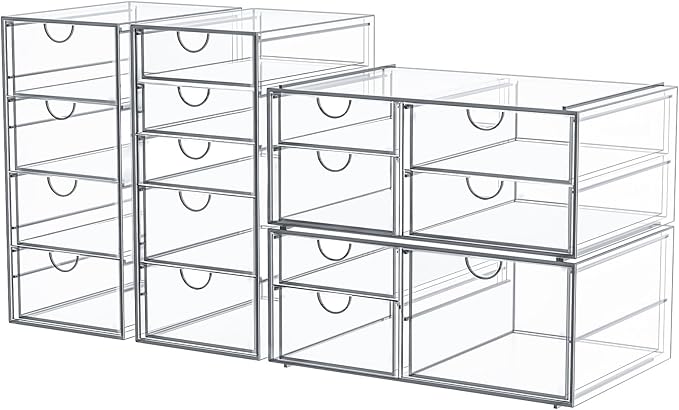 Makeup Organizer Storage With 16 Drawers, 4 Pcs Desktop Office Supplies, Desk Organizers, Clear Accessories, Dustproof Drawer and for Make Up, Jewelry, Pen, Stationary