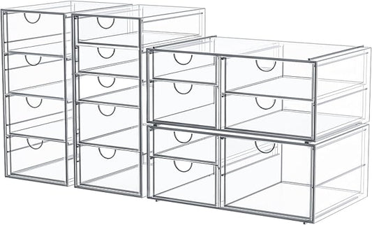 Makeup Organizer Storage With 16 Drawers, 4 Pcs Desktop Office Supplies, Desk Organizers, Clear Accessories, Dustproof Drawer and for Make Up, Jewelry, Pen, Stationary