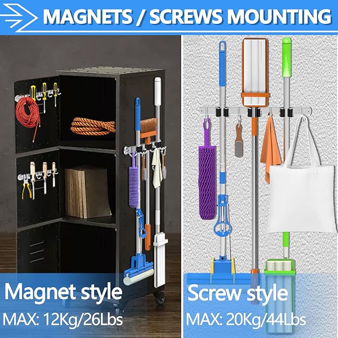 3-H Magnetic Broom Holder Wall Mounted 1 Pack, Strong Magnetic Broom Hooks 13 Inch, Heavy Duty Magnet Broom Organizer Wall Mounted, Utility Storage Tools Rack for Home Kitchen Workshop Laundry Garage