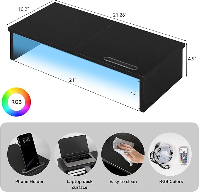 21" Monitor Stand Riser with LED Lights and Phone Holder, Monitor Stand for Desk, Computer Monitor Stand, Desk Shelf for Top of Desk, Desktop Organizer for Laptop, Printer, TV
