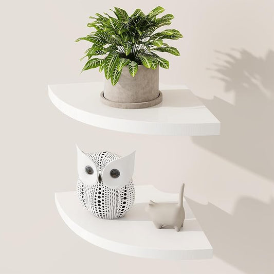 Fun Memories Corner Shelf Wall Mount Set of 2 - Solid Oak Wood Floating Corner Shelf with Cable Hole, 7in Rustic Design for Bedroom, Living Room, Kitchen (White)-NeatNest