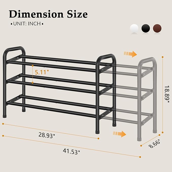3 Tier Shoe Organizer, Shoe Rack for Closet, 28“ Metal Shelf Can Expandable to 42“, for Bedroom, Entryway, Closet, Garage, Adjustable to 18 Pairs Shoes, Black-NeatNest