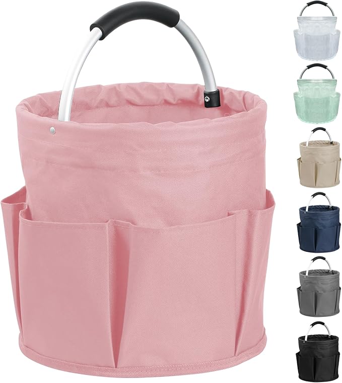 17L Portable Shower Caddy with 6 Side Pockets, Foldable Cleaning Supply Caddy with Handle, Garden Tool Bag in 600D Oxford Fabric, Multifunctional Storage Basket for Showers, Picnics, Pink-NeatNest