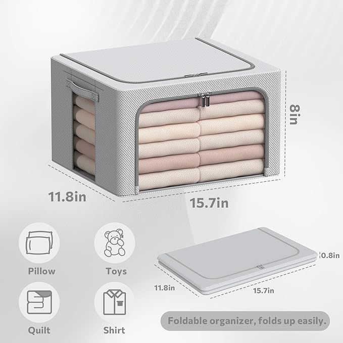3Pack Frame Storage Box - Clothes Storage Bin Bags Oxford Fabric Foldable Stackable Container Organizer Set with Clear Window & Carry Handles Large Capacity (Grey, Small-22L)-NeatNest