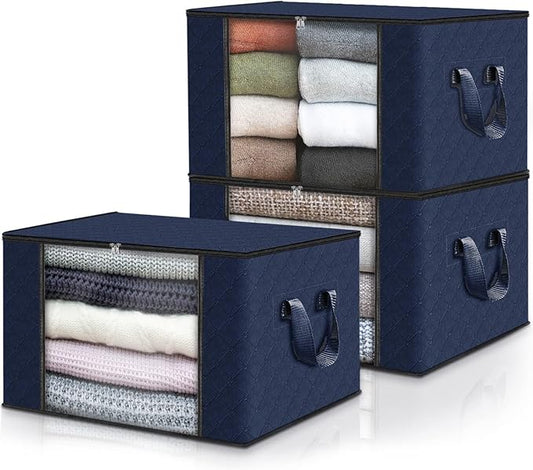 Fab totes 3 Pack Clothes Storage, Foldable Thick Fabric Blanket Storage Bags, Containers for Organizing Bedroom, Closet, Clothing, Comforter,Closet Organization with Handle,Blue-NeatNest