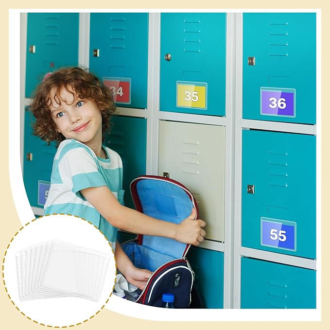 Jeyiour 100 Pcs Label Holders Adhesive Nameplate Pockets Storage Bin Labels Index Card Holder Shelf Plastic Peel Stick for Classroom Supermarket Bookshelf Library Student Box Drawer (3.6 x 2.9 Inch)
