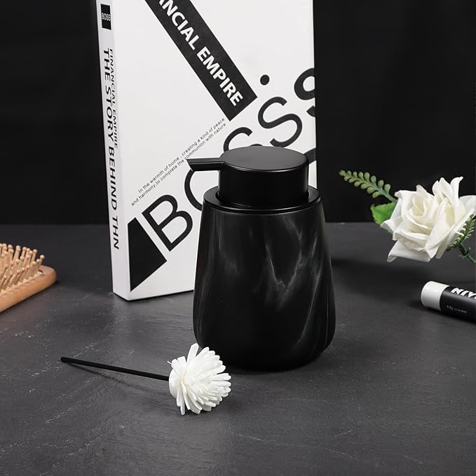 12Oz Foaming Hand Soap Dispenser - Ceramic Bathroom Foam Soap Dispenser with Easy-to-Press Black Pump, Refillable Lotion Hand Soap Dispenser, Dish Soap Dispenser for Kitchen, Marble Black-NeatNest