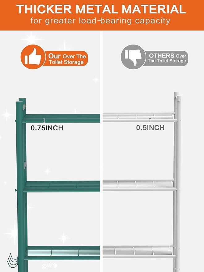 3 Tier Over The Toilet Storage Rack with 2 Basket, Metal Freestanding Bathroom Shelves Toilet with Paper Holder and 4 Hooks, Over Toilet Storage Shelf for Bathroom Storage, Green-NeatNest